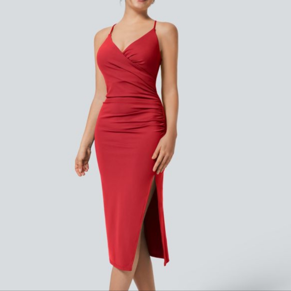 HALARA Softly Airy Crossover Ruched Lace Back Sexy Dress New Mars Red Date D-F M